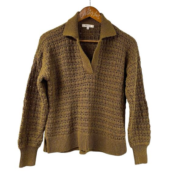 Madewell Sweater Sunbury Collared Olive Green 100% Cotton Open Knit Pullover - Picture 1 of 7